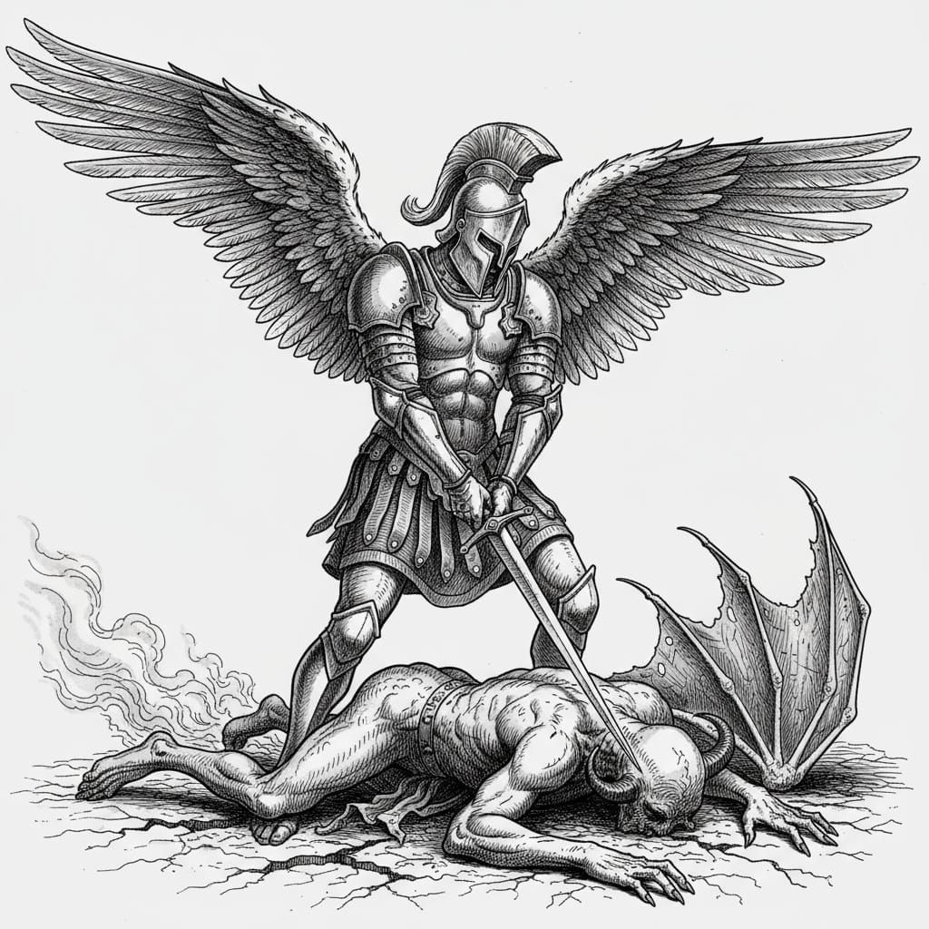 Archangel Defeating Demon in Black and Grey Sketch Style