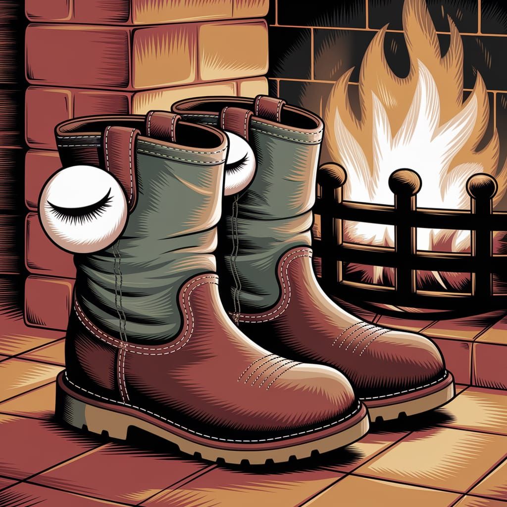 Dreaming Leather Boots by Cozy Fireplace Illustration