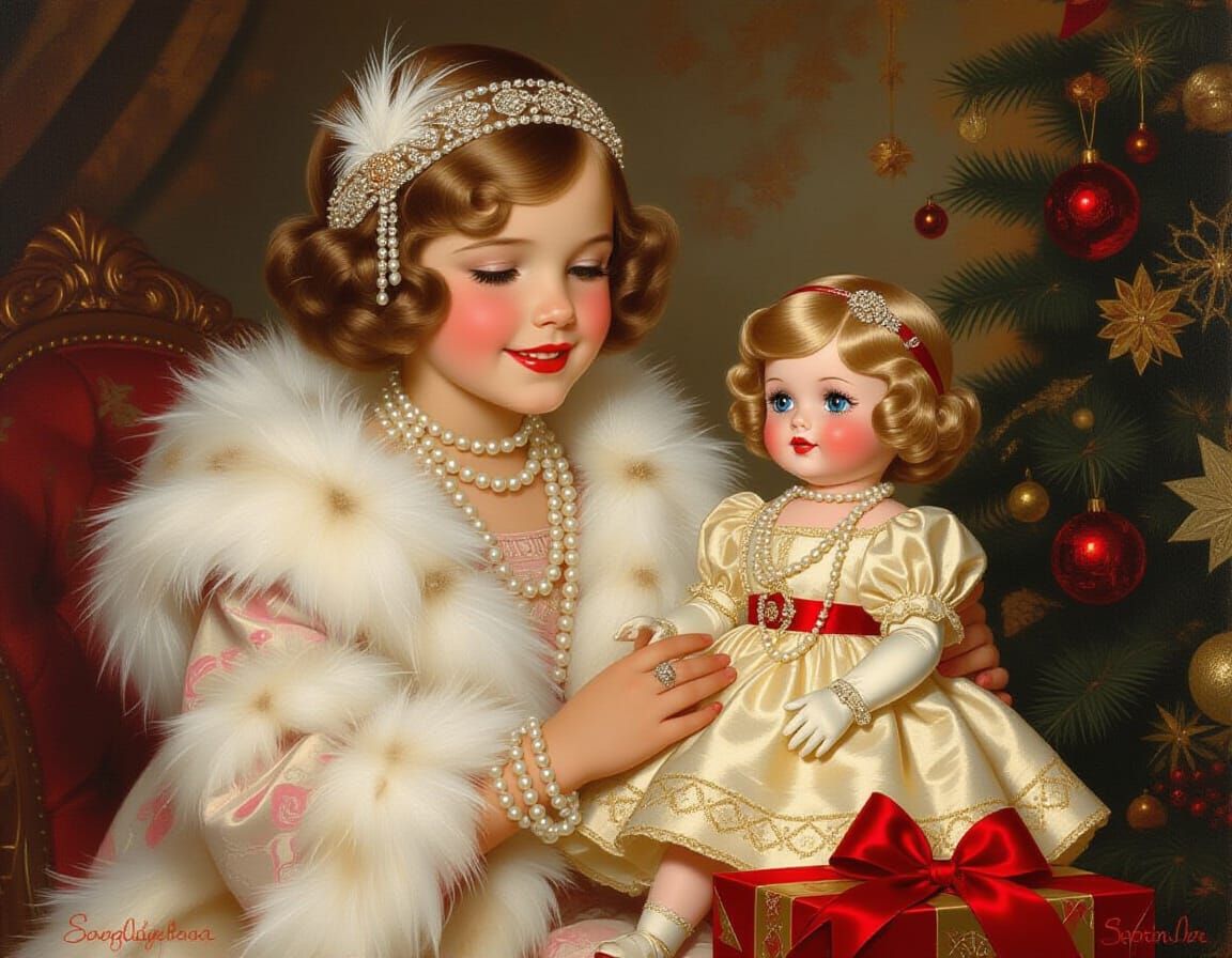 Girl in 1920s Style Receiving Doll on Christmas Morning