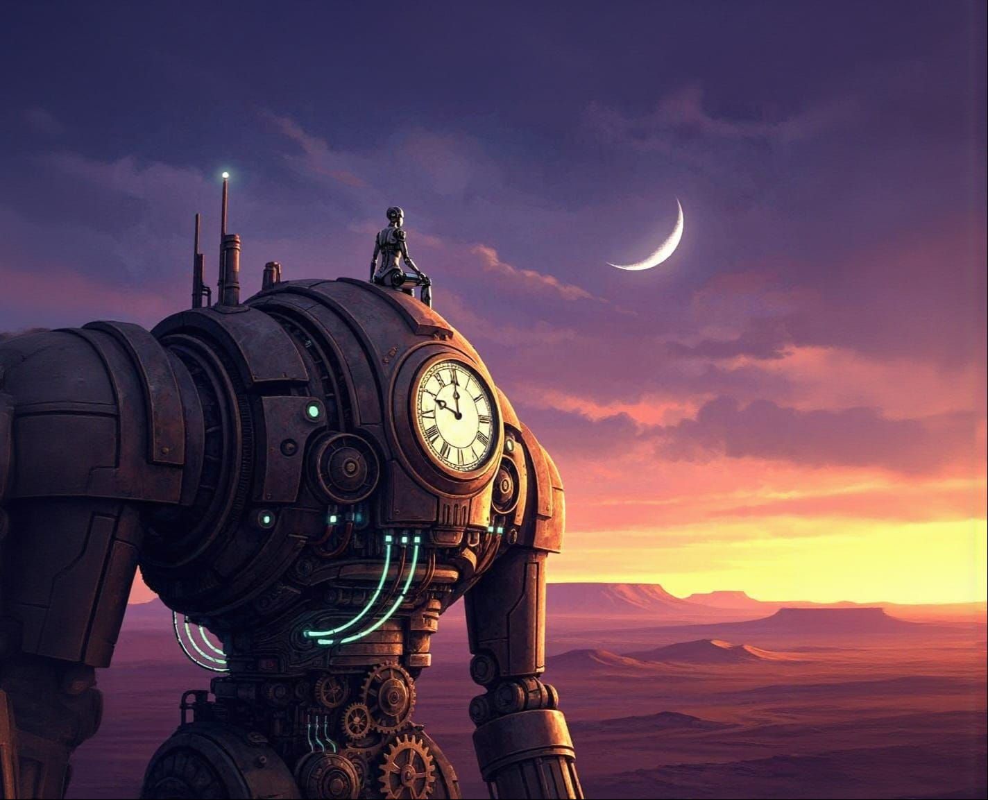 Robot on Clockwork Automaton Overlooking Desert Twilight