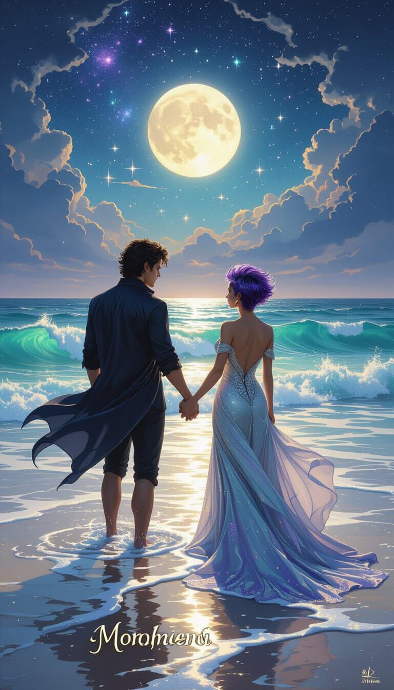 Mythic Seascape: Lovers Under Cosmic Sky