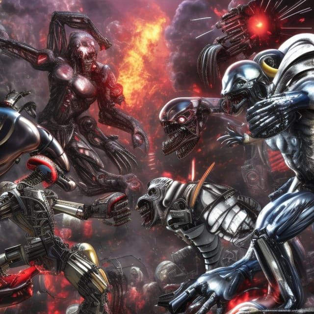Terminator Predator Aliens Battle in Anime Style