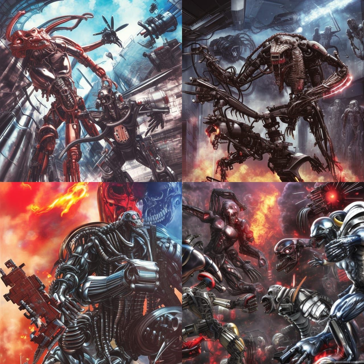 Terminator Predator Alien Battle in Anime Style