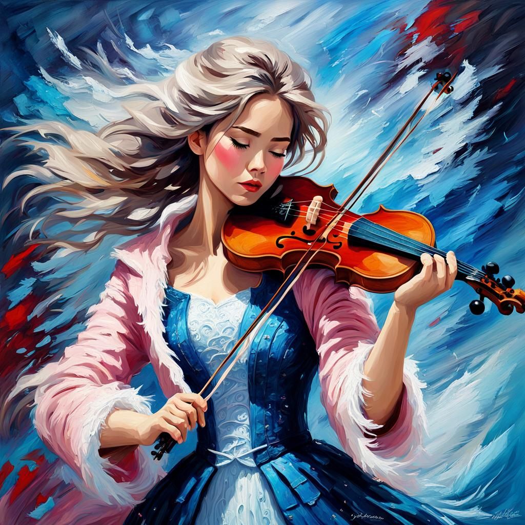beautiful woman playing the violin, closed eyes, messy hair,...