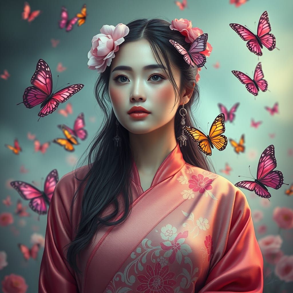 Whimsical Asian Woman Surrounded by Colorful Butterflies in ...