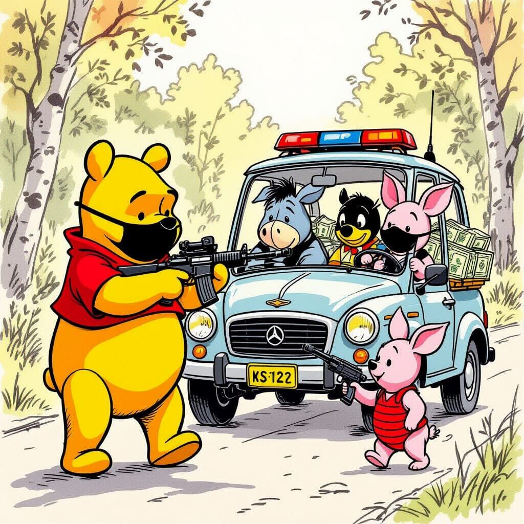 Winnie the Pooh Characters Robbing a Security Car