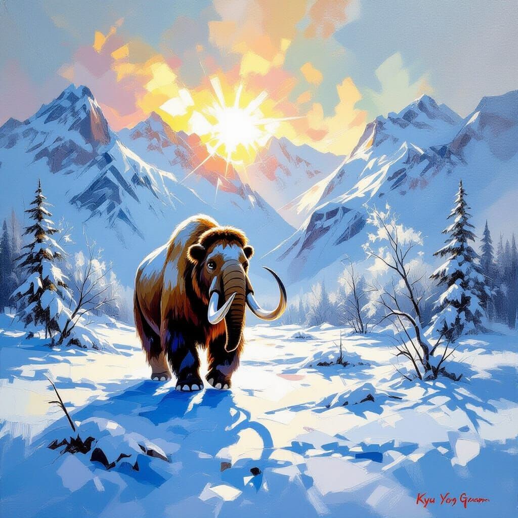 Mammoth in Snowy Landscape as Acrylic Painting