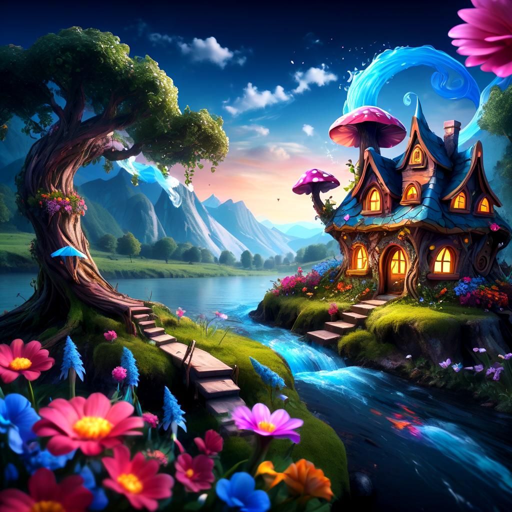 Fantasy fairy house, river, flowers, tree, mountains, sky, s...