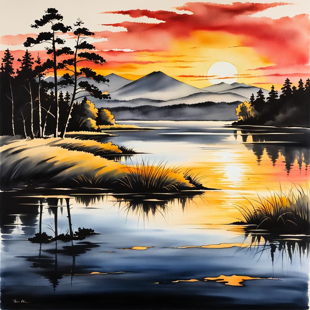 Sumi-e Ink Painting of Lake at Sunset