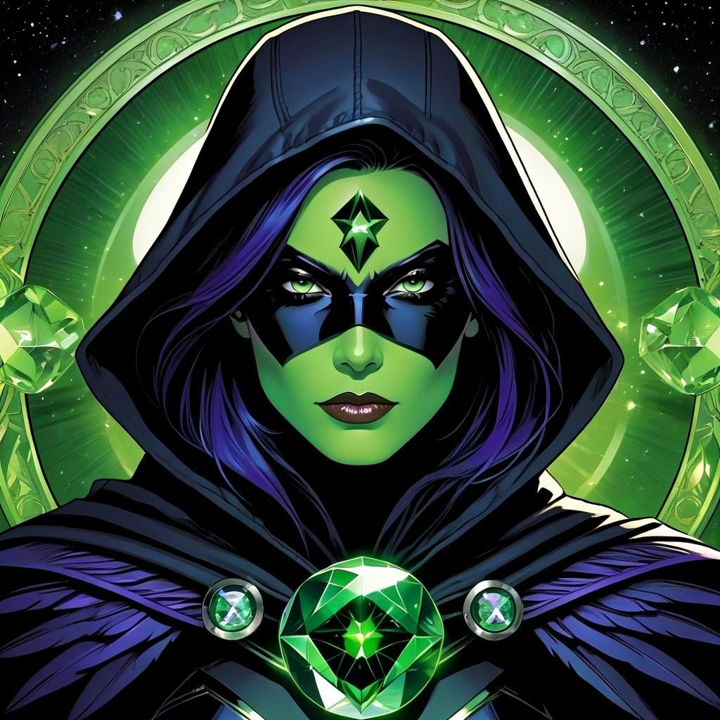 Hooded Superheroine with Kryptonite Crystal