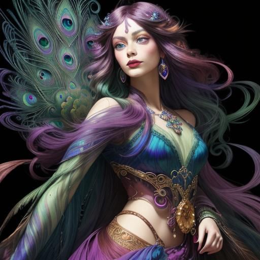 Iridescent Woman with Peacock Feathers, Abstract Portrait