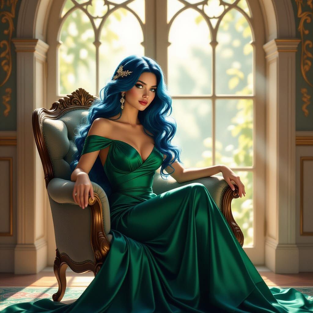 Ethereal Woman in Velvet Armchair, Art Nouveau Style