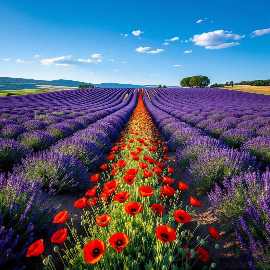 Lavender and Poppy Fields Under a Blue Sky