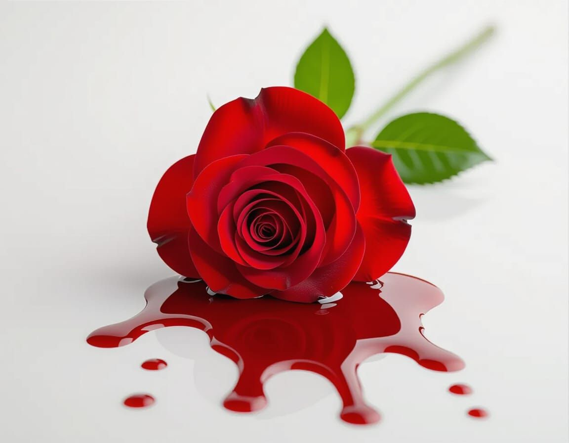 Shiny Red Rose with Blood Droplets on White Background