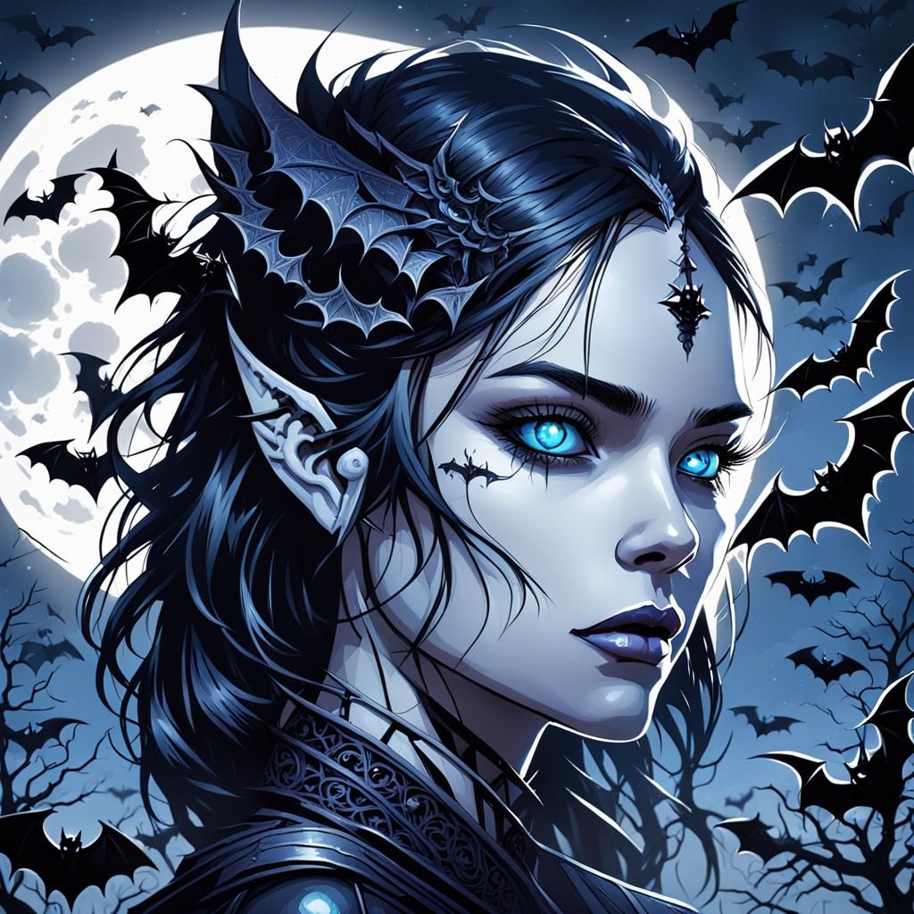 Gothic Girl Portrait with Bats in Dark Fantasy Style