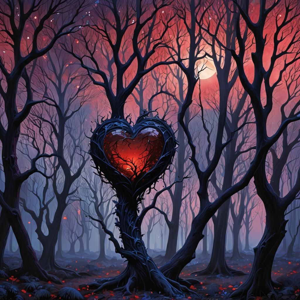 Indigo Heart with Crimson Highlights in Night Forest