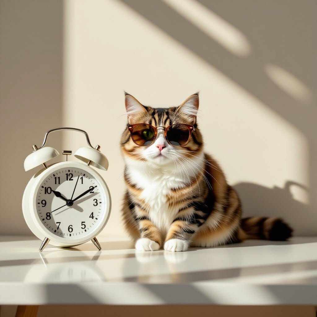 Cat in Sunglasses on Minimalist Desk with Clock
