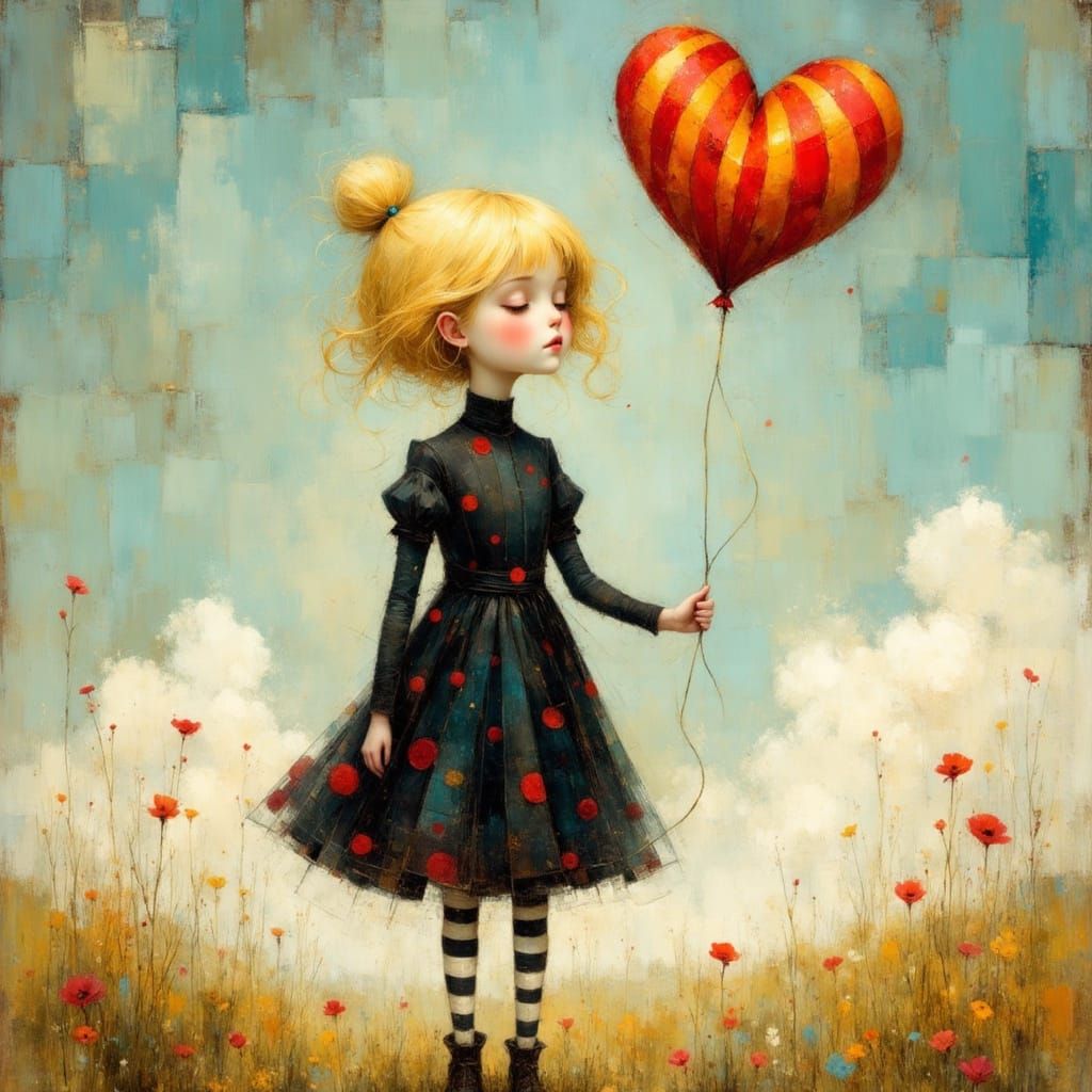 Girl with Heart Balloon in Dreamy Storybook Style