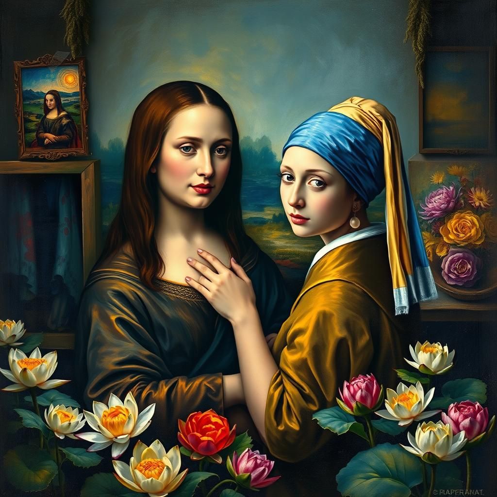 Mona Lisa and Girl with Pearl Earring Impressionist Painting