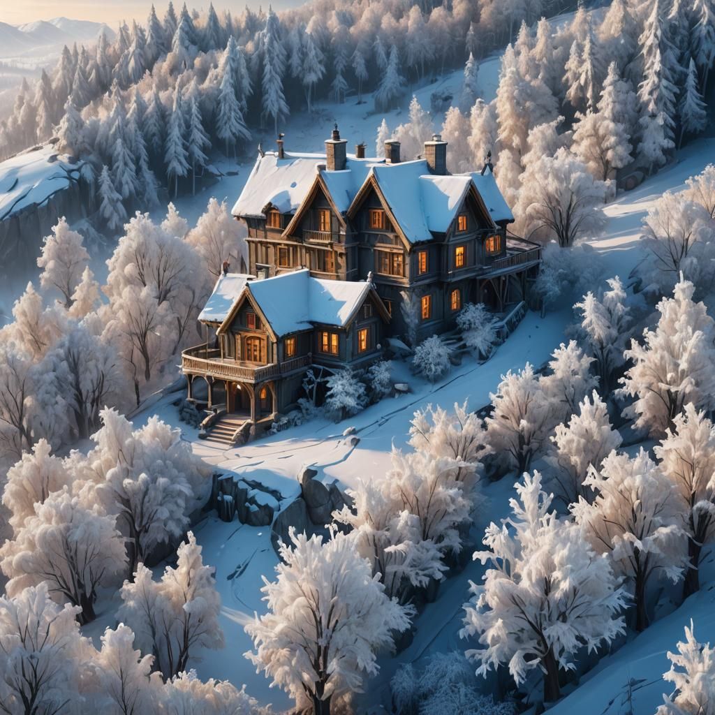 Winter House in Snowy Landscape: Fantasy Concept Art
