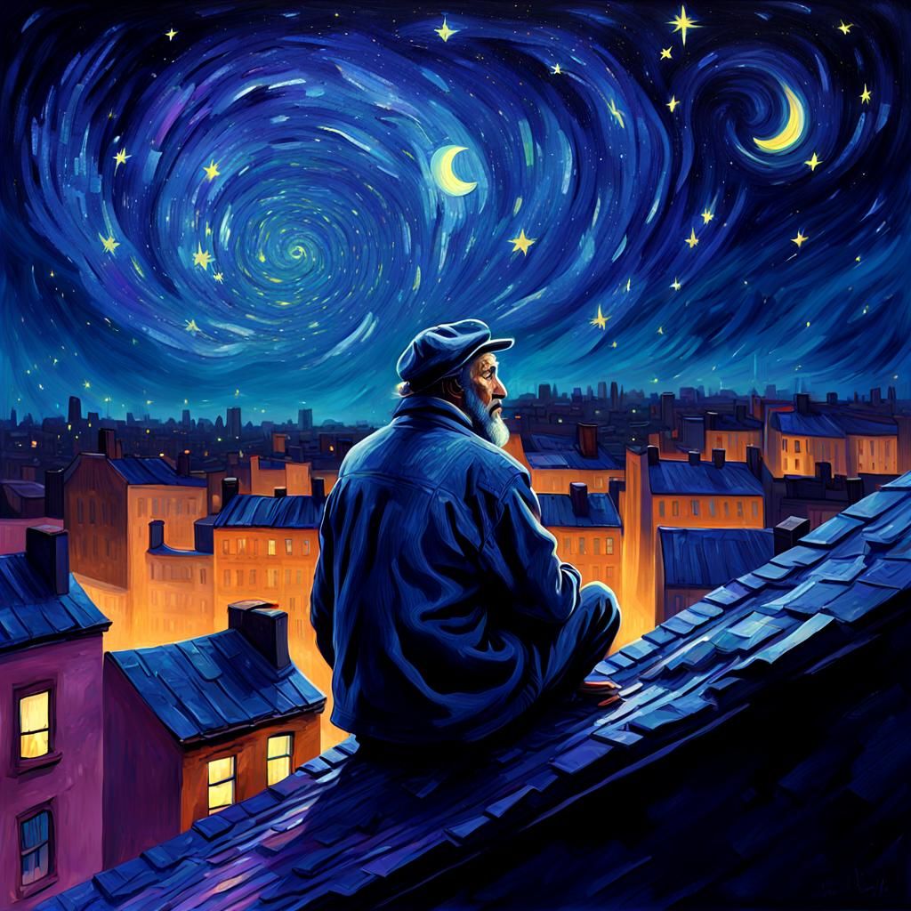 Homeless Man's Rooftop Speech: Van Gogh-Inspired Matte Paint...