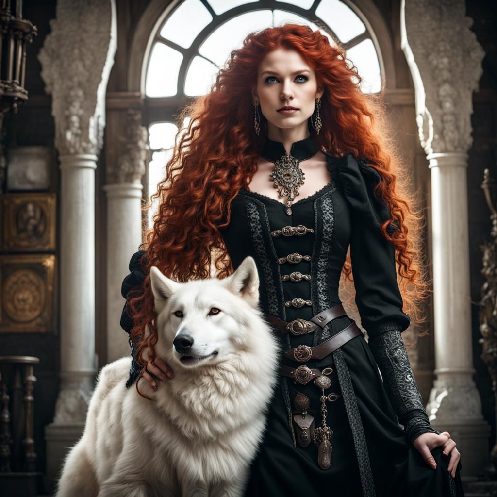 Elegant Elf Woman with Wolf in Viking Era Castle