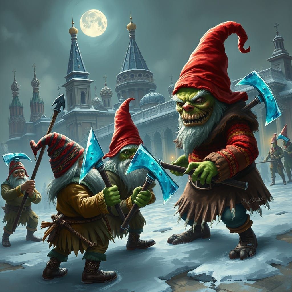 Gnomes Clash in Moscow Under Dark Skies