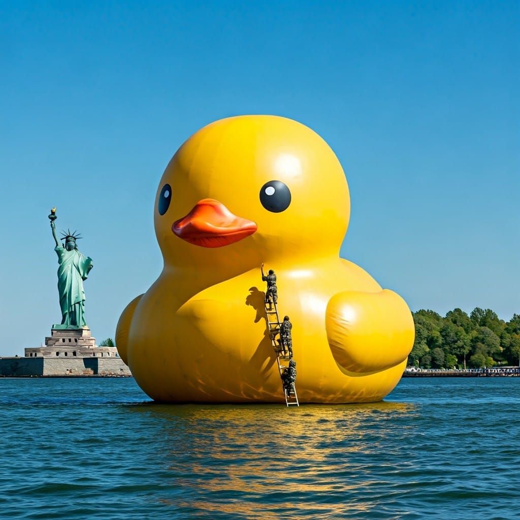 Soldiers Conquer Giant Rubber Duck in Front of Iconic Statue