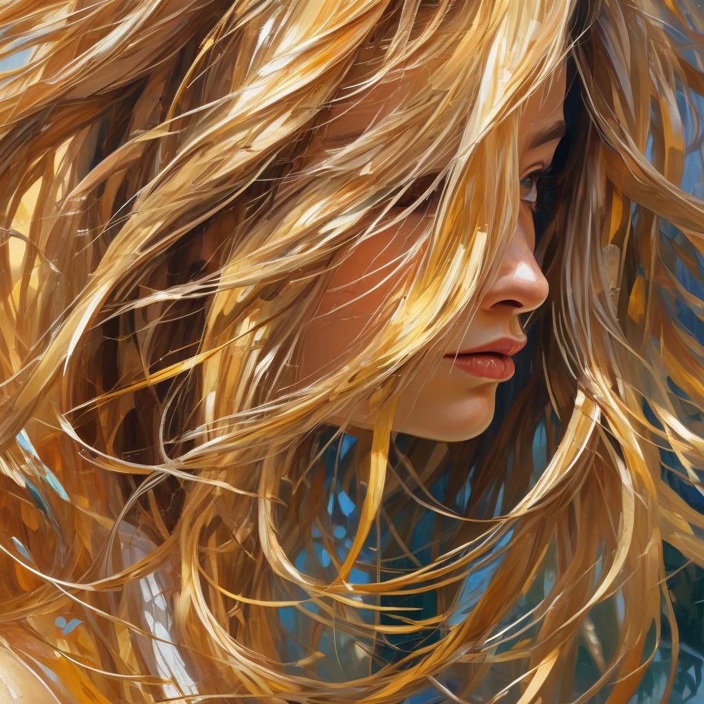 Golden Hair Flows in Sunlit Oil Painting