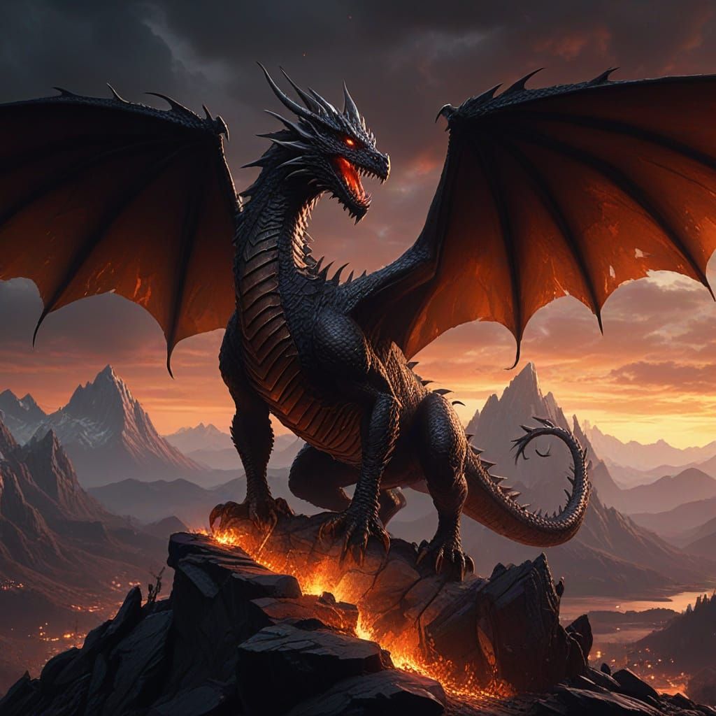 Black Dragon Over Burning Village, Oil Painting Style