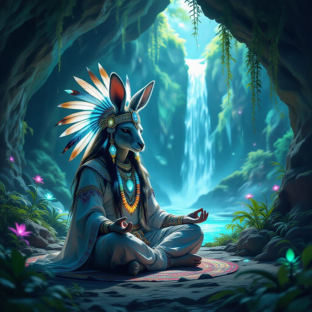 Bioluminescent Kangaroo Shaman in Crystal Cave