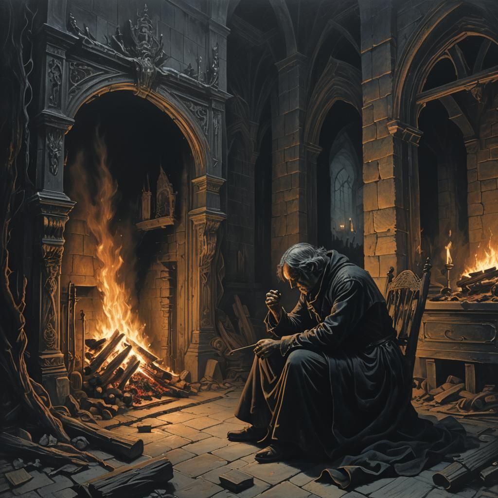 Ominous Dark Fantasy Scene with Firelight and Gothic Decor