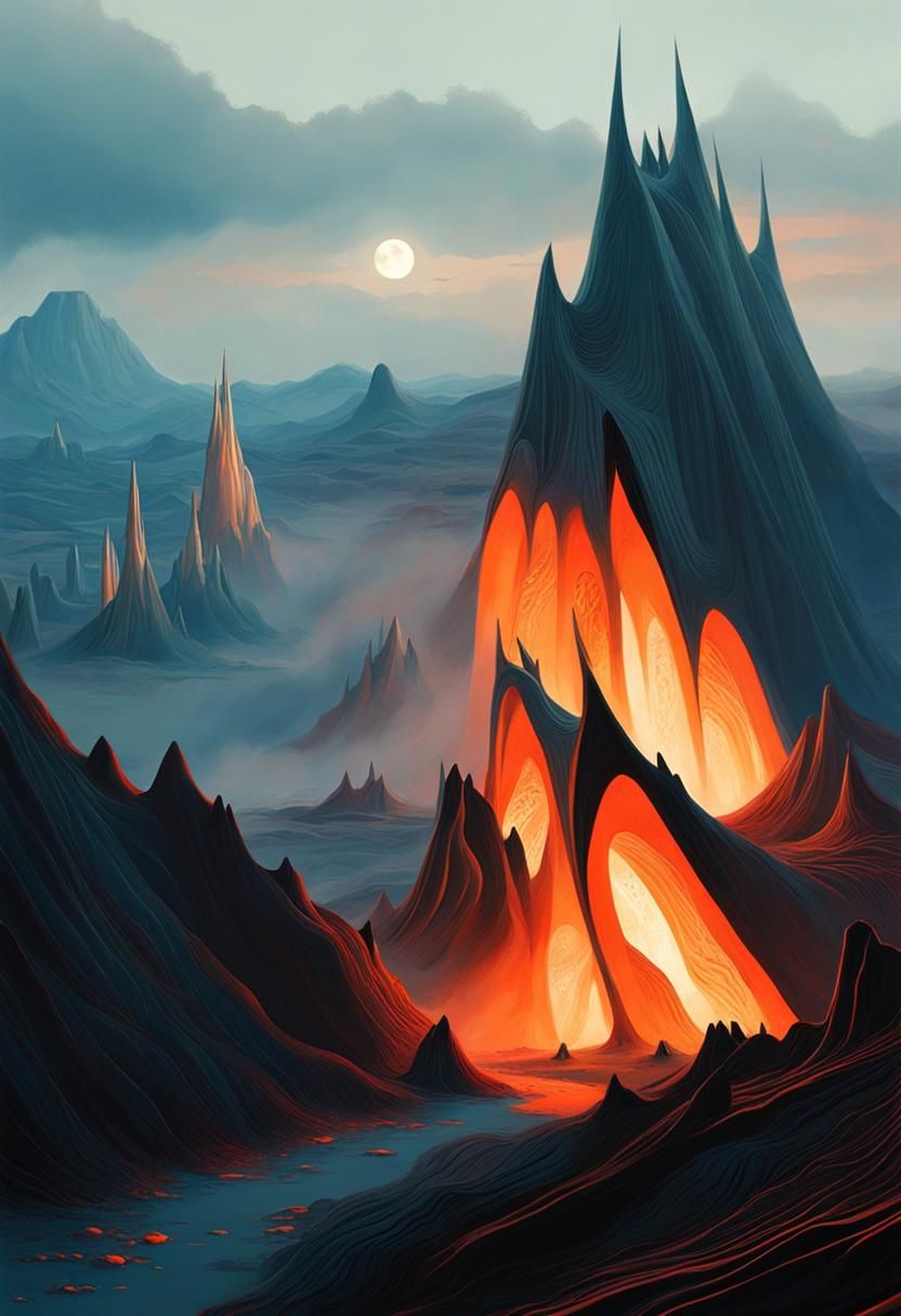Surreal Volcanic Landscape in Roger Dean Style