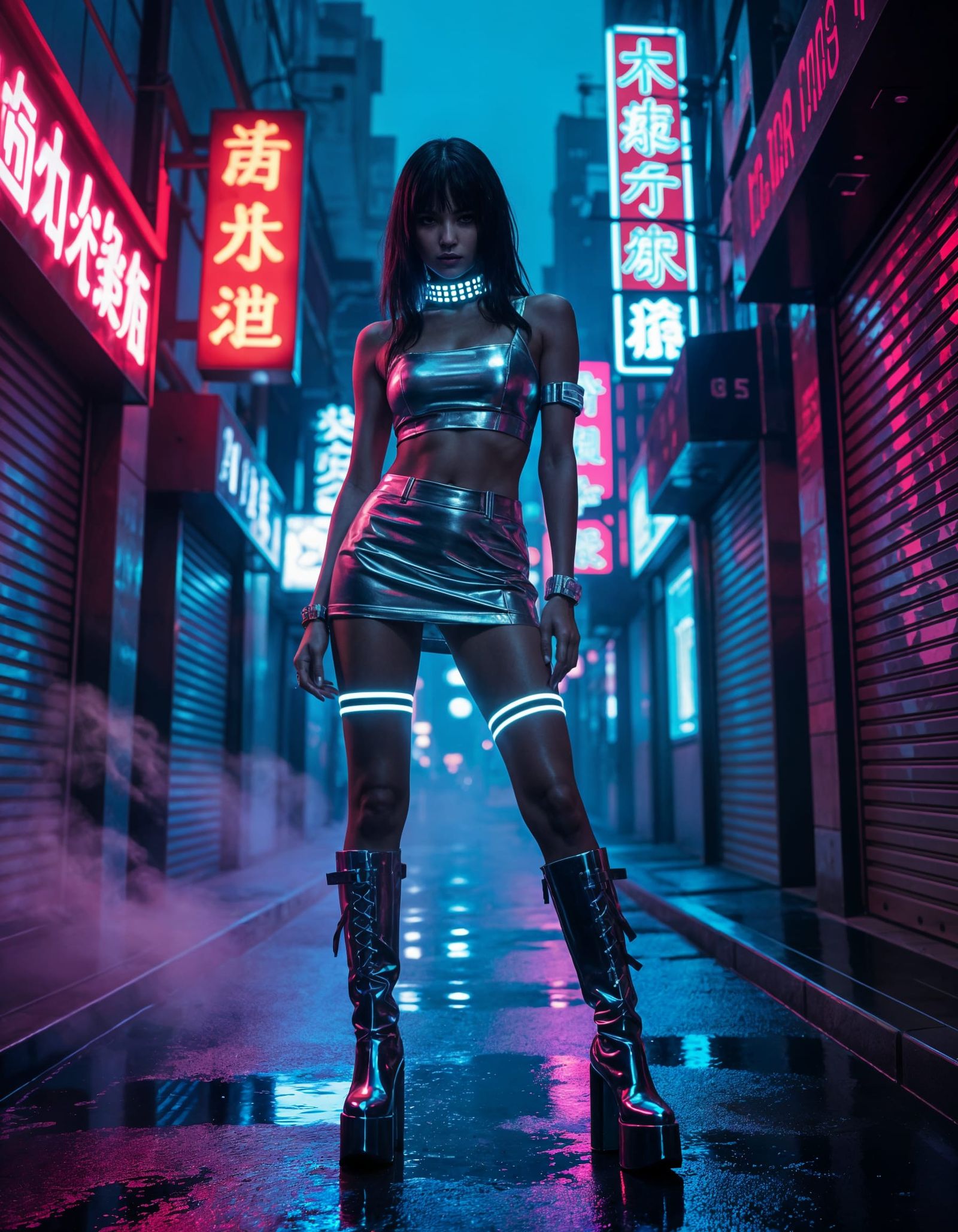 Cyberpunk Alleyway with Neon Lights and Futuristic Figure