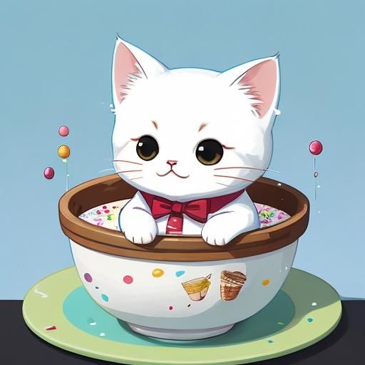 Anime Cat in Ice Cream Bowl with Sprinkles