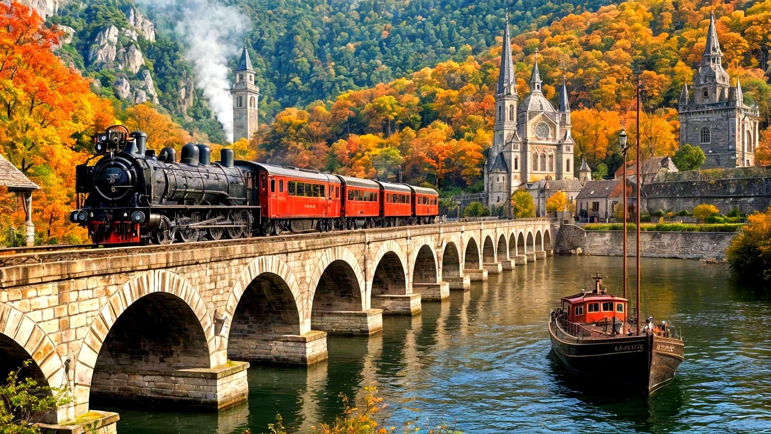 Steam Train on Stone Bridge in Autumn Village