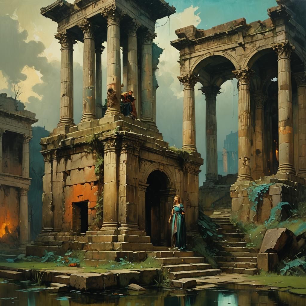 Aristocrat in Fantasy Ruins: Expressive Oil Painting