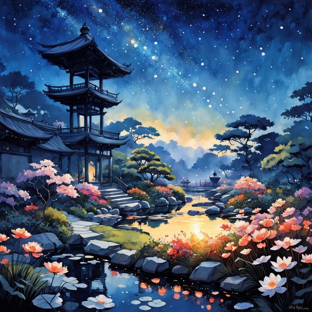 Luminous Sunset Over Japanese Garden in Rococo Style