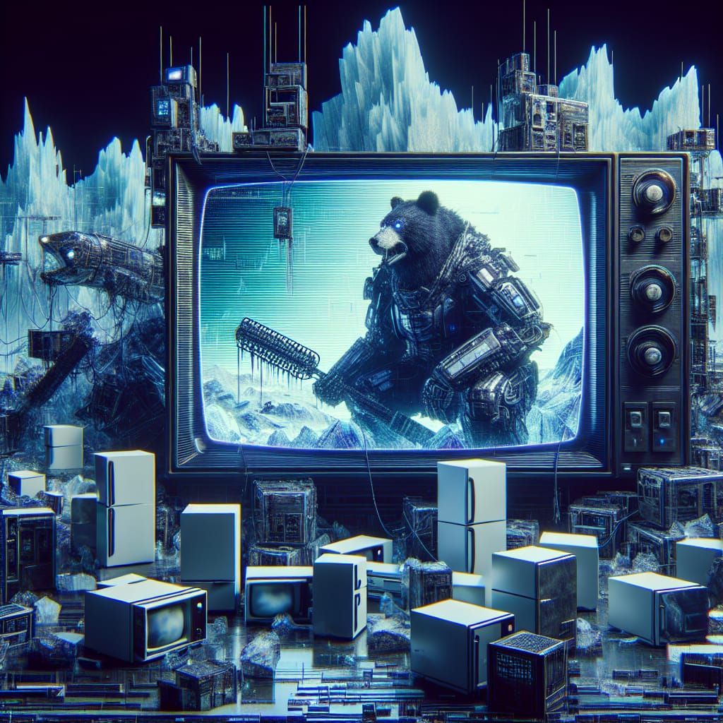 Cyberpunk Armored Bear in Glitchcore Wasteland