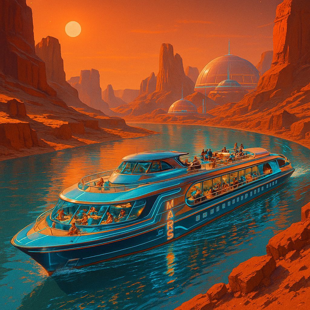 Futuristic River Cruise on Mars in Retro-Futuristic Style