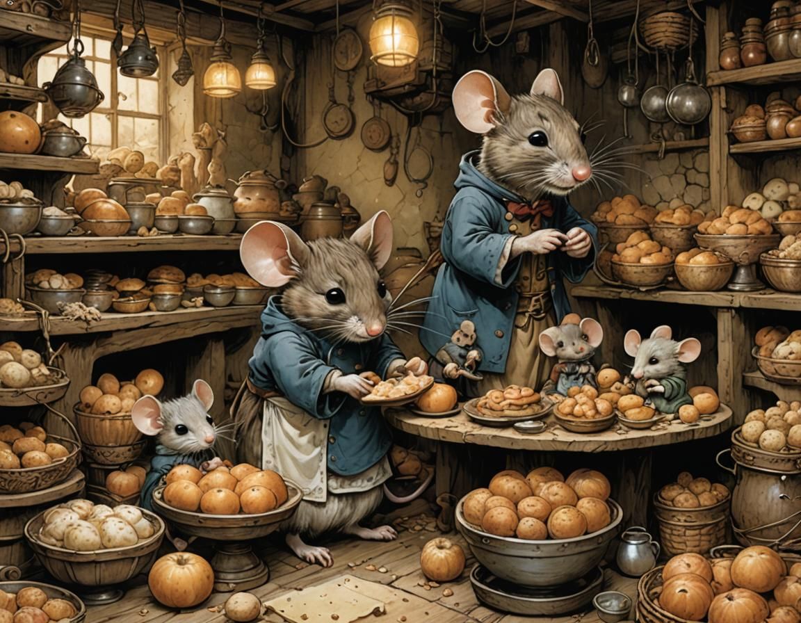 Mouse Family in Bakery: Expressive Fantasy Art