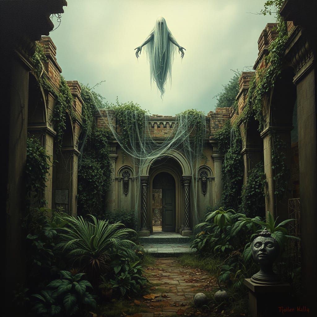 Eerie Abandoned Garden with Ghostly Spirit