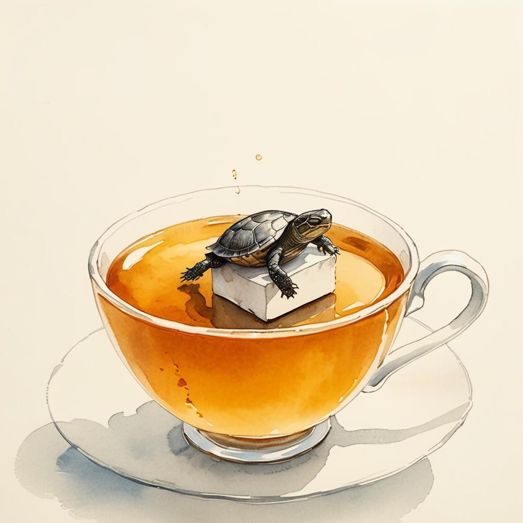 Tiny Turtle Basking in Tea, Sumi-e Style