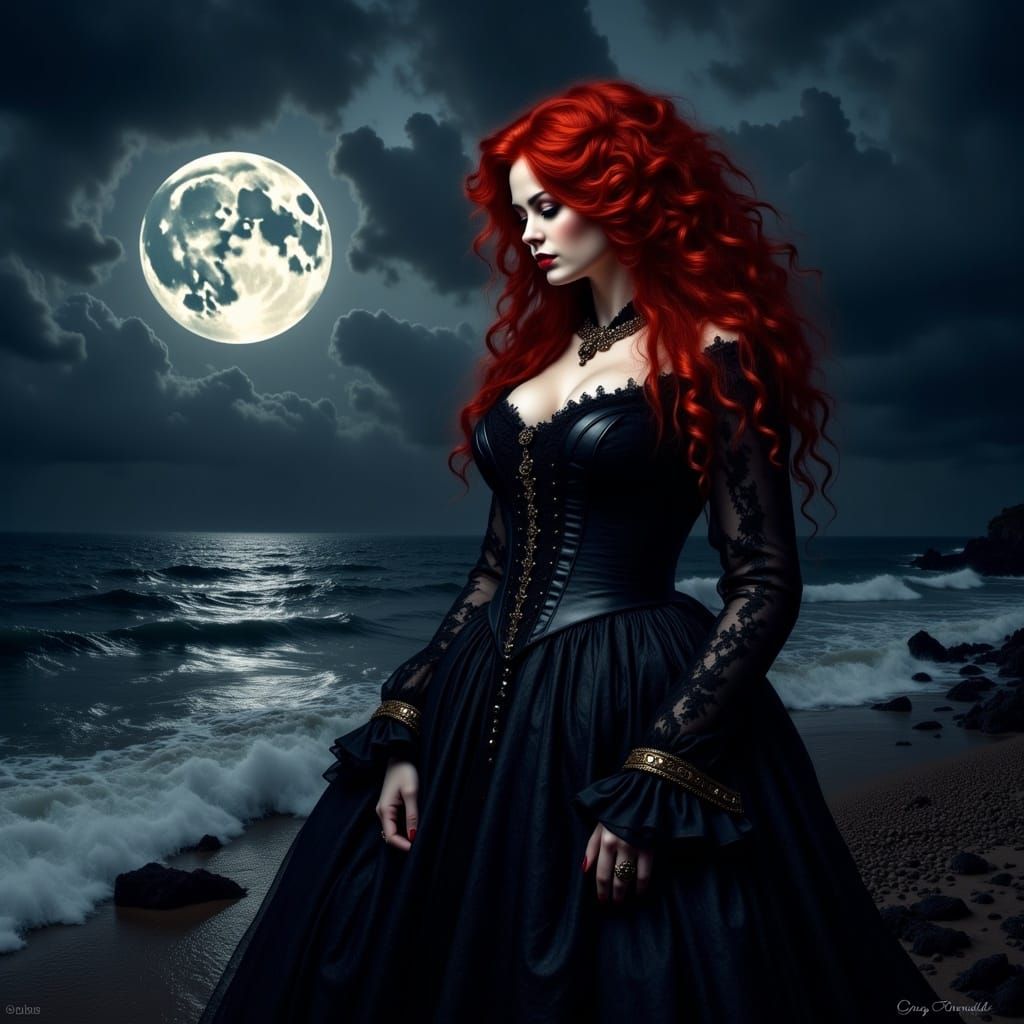 Gothic Beauty on a Moonlit Beach
