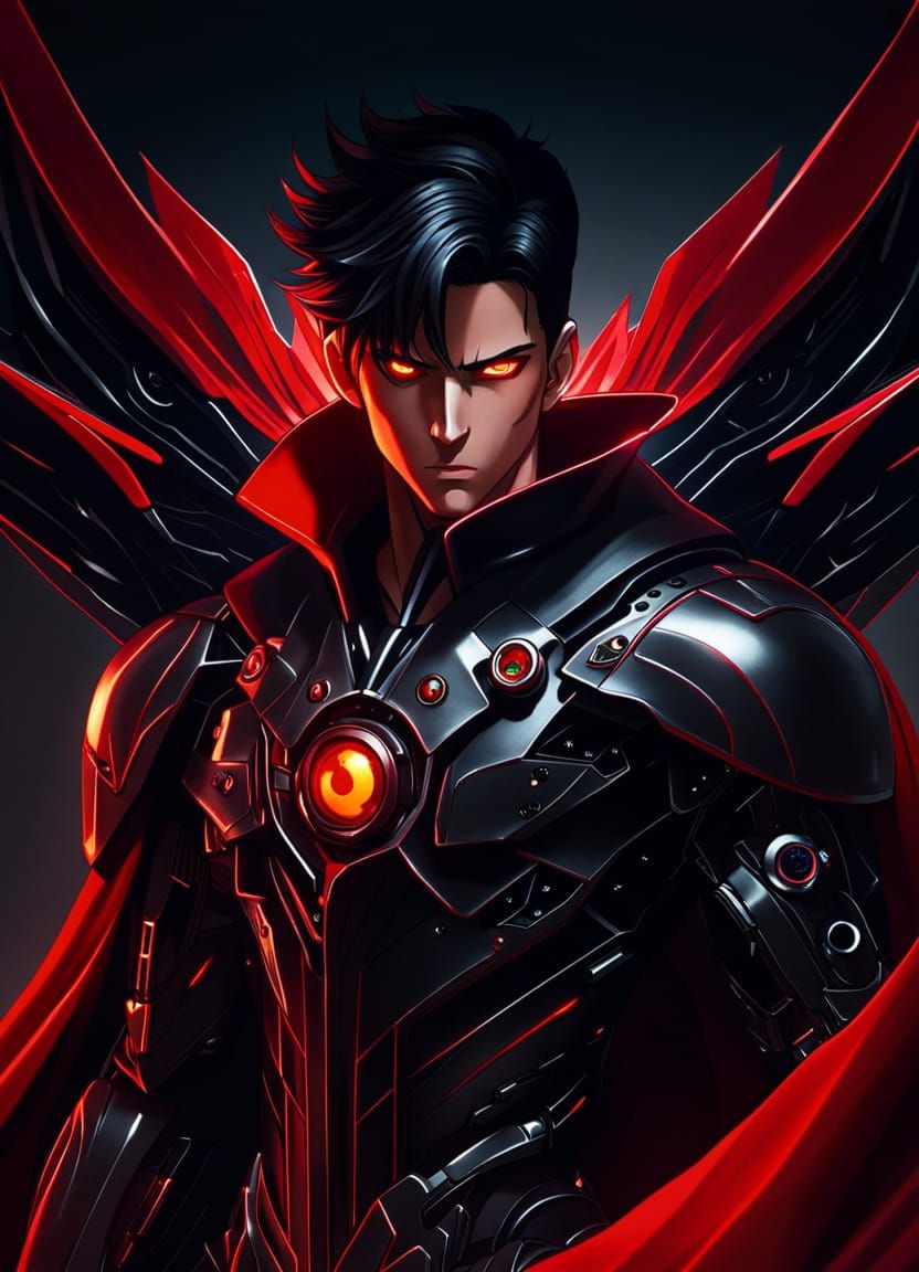Cyborg Anime Man with Red Eye in Manga Style