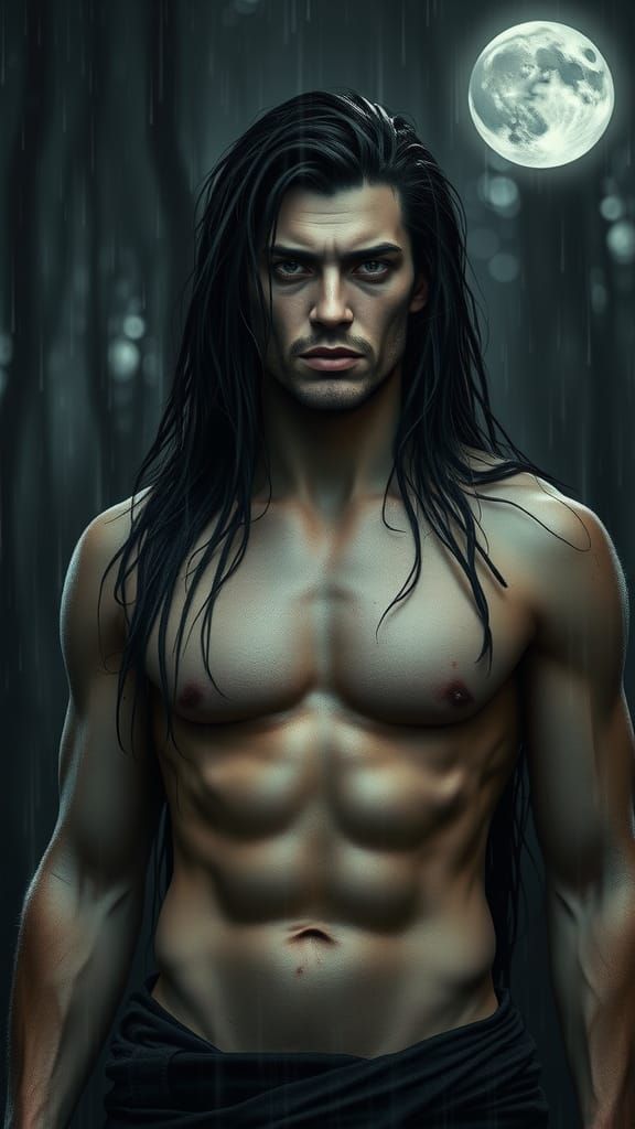 Sorrowful Male Witch in Rain, Hyperrealistic HDR