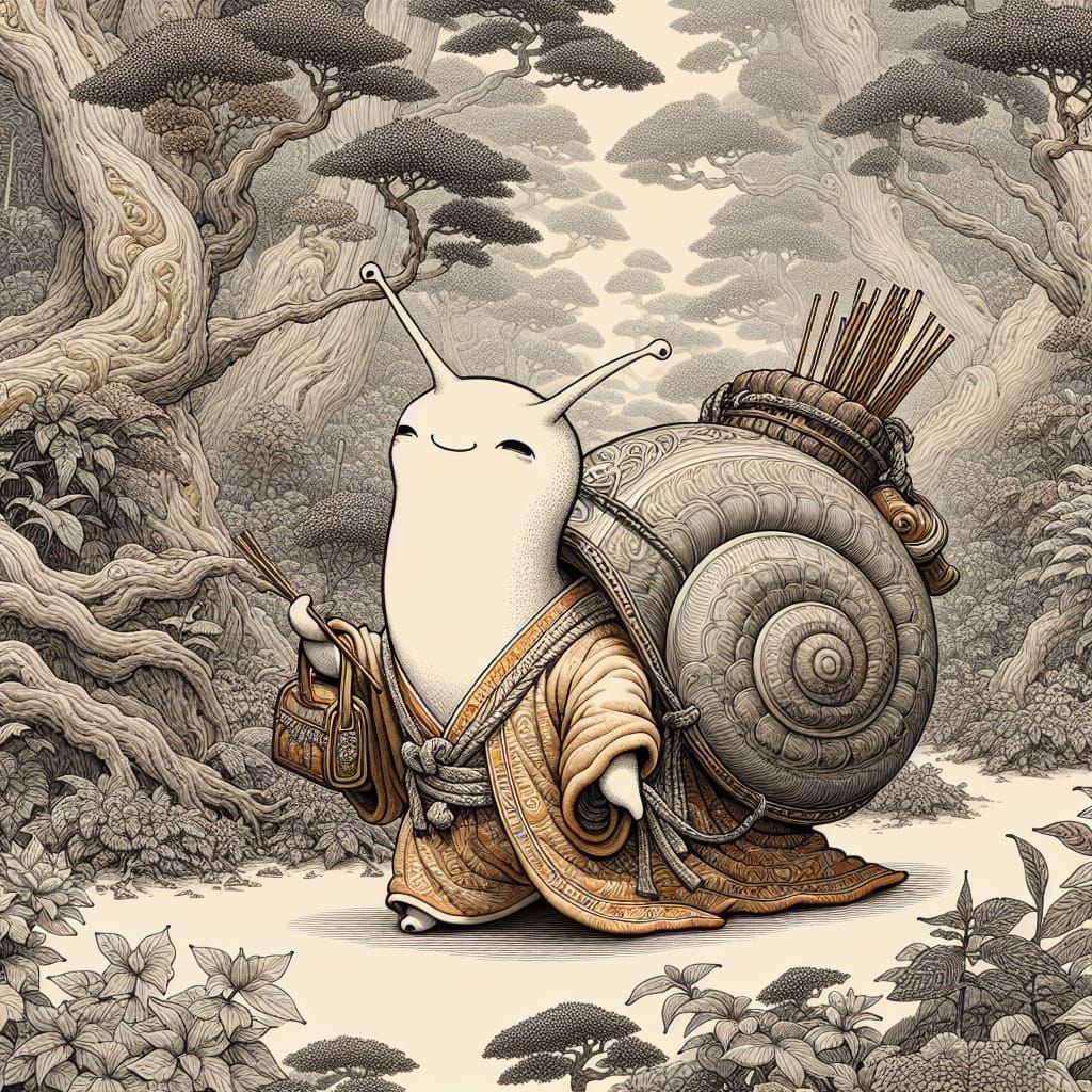 Snail Monk's Forest Journey: Ink and Watercolor Illustration