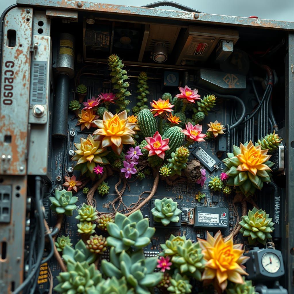 Cactus and Succulents Grow From Computer in Cyberpunk Style