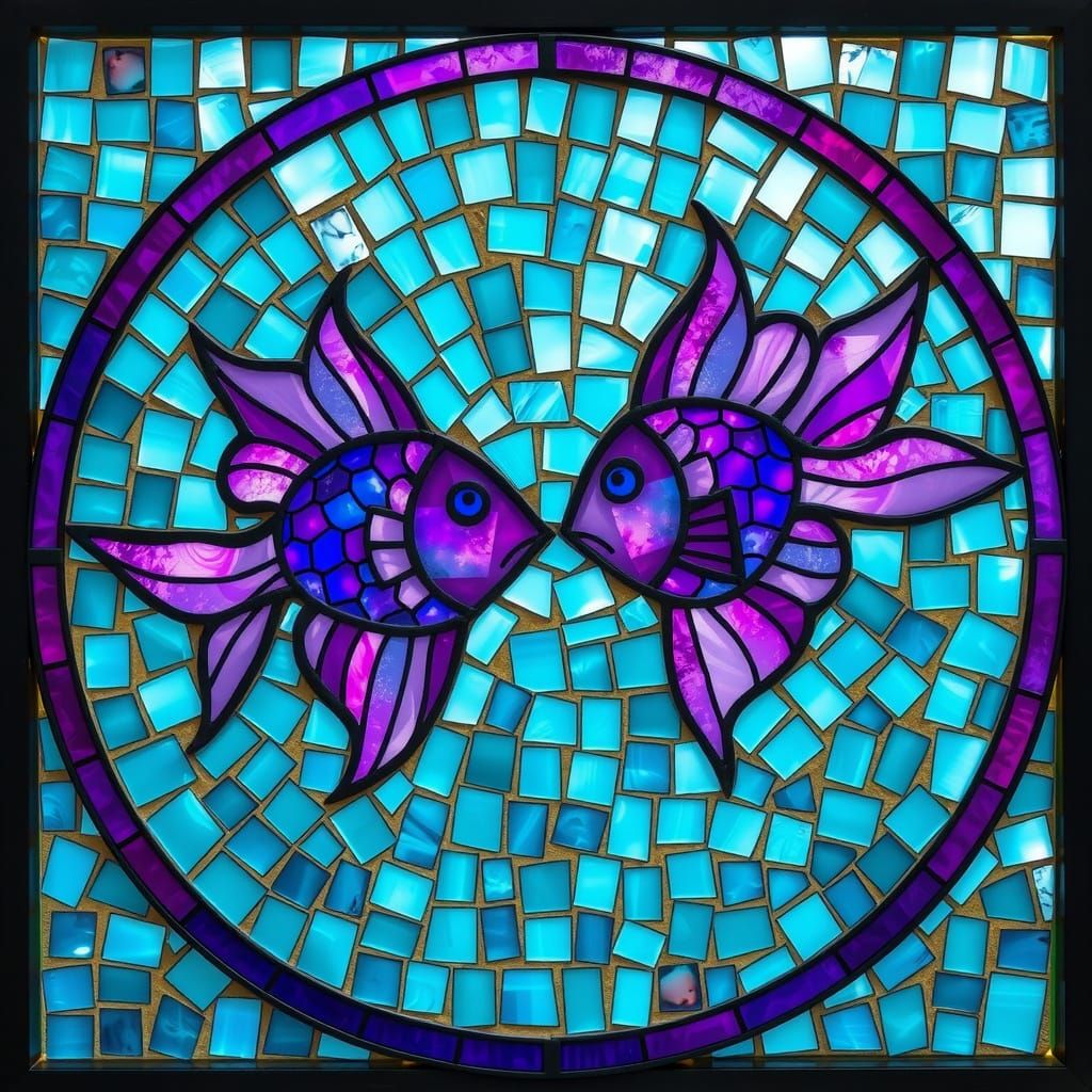 Vibrant Pisces Zodiac Mosaic in Stained Glass