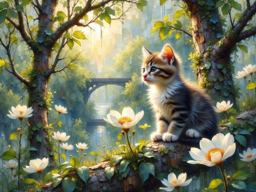 Cute Kitten in Golden Sunshine, Two-Tone Forest